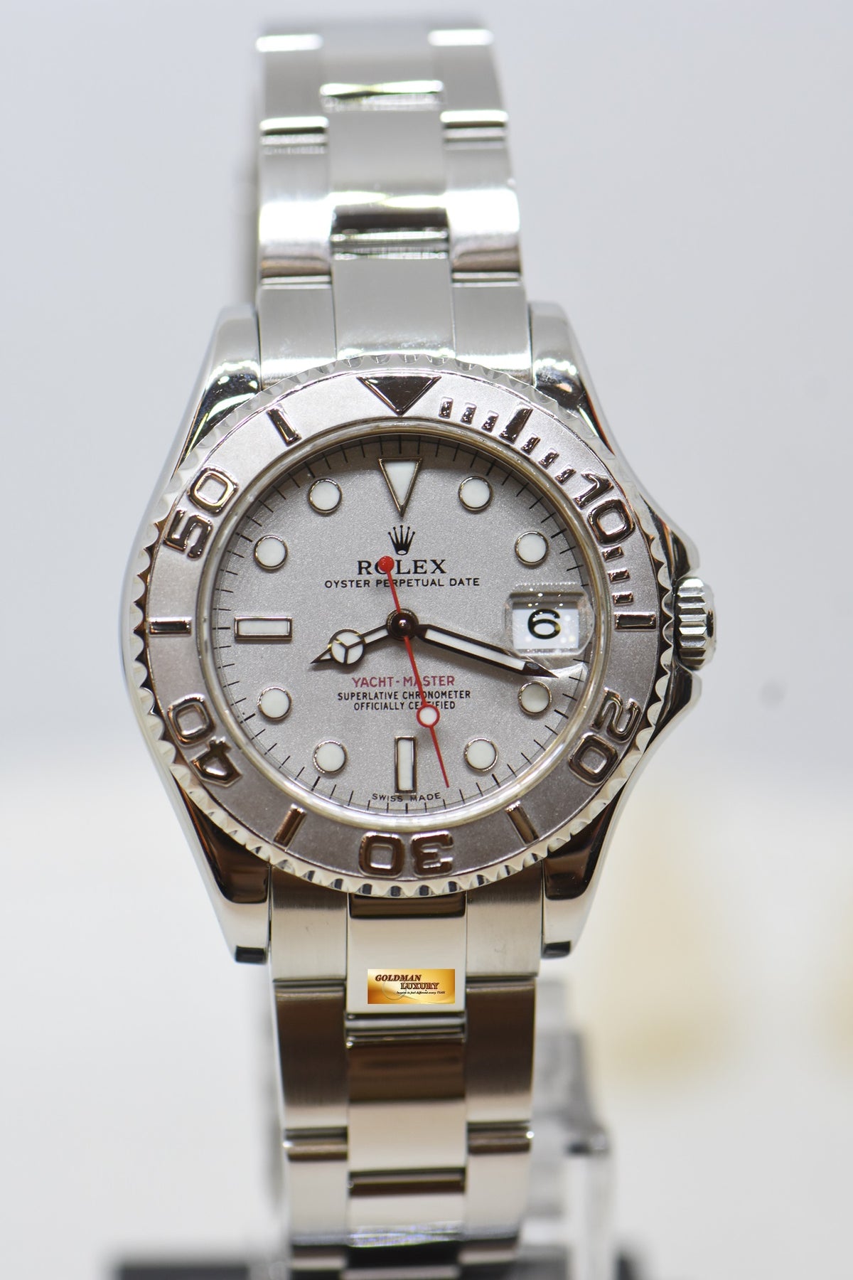 [SOLD] ROLEX OYSTER YACHT-MASTER 35mm LADIES MIDSIZE STEEL IN BRACELET PLATINUM DIAL / BEZEL 168622 (MINT)