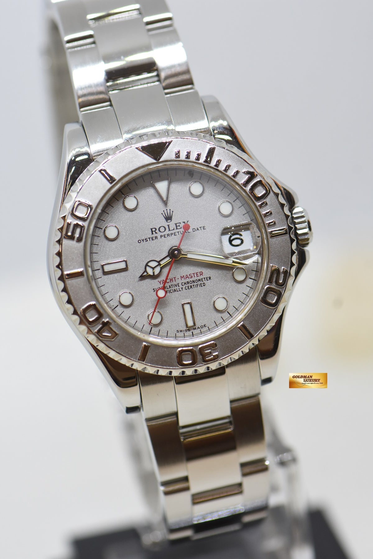 [SOLD] ROLEX OYSTER YACHT-MASTER 35mm LADIES MIDSIZE STEEL IN BRACELET PLATINUM DIAL / BEZEL 168622 (MINT)