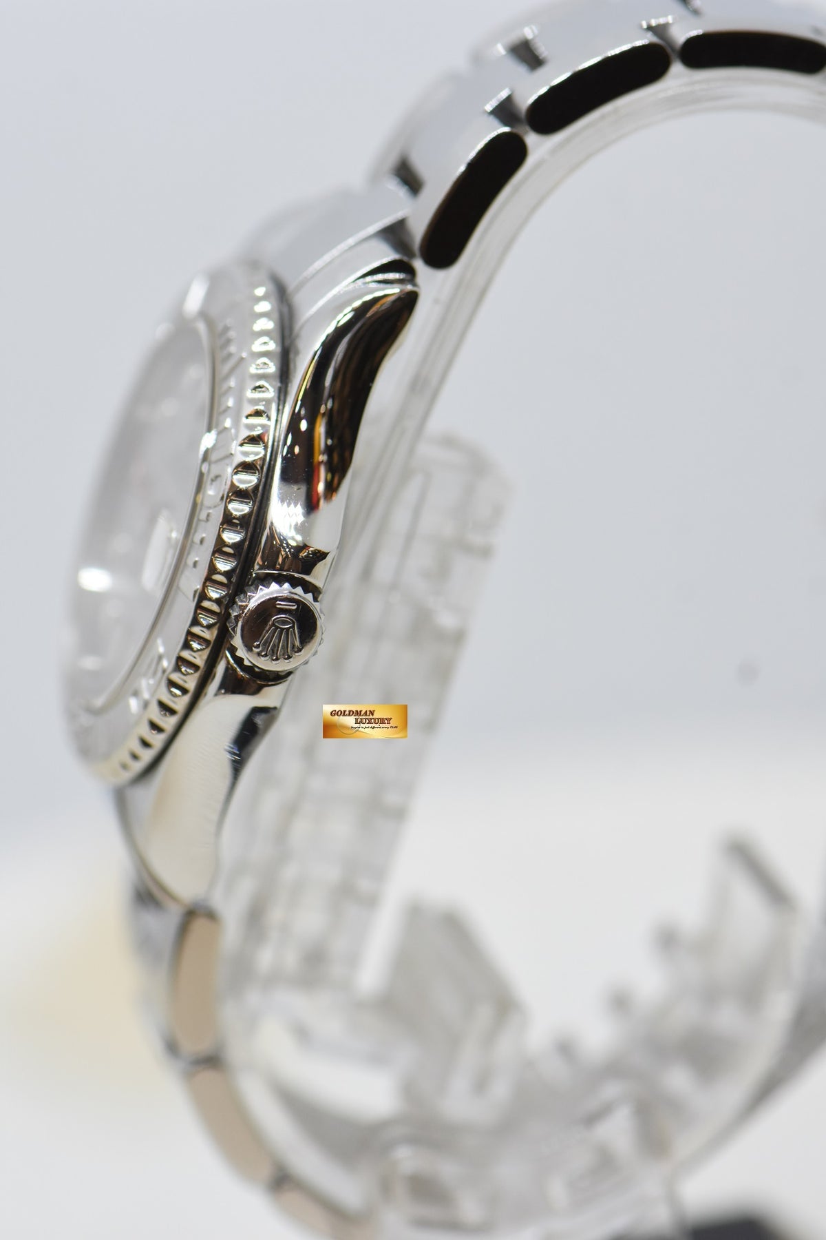 [SOLD] ROLEX OYSTER YACHT-MASTER 35mm LADIES MIDSIZE STEEL IN BRACELET PLATINUM DIAL / BEZEL 168622 (MINT)