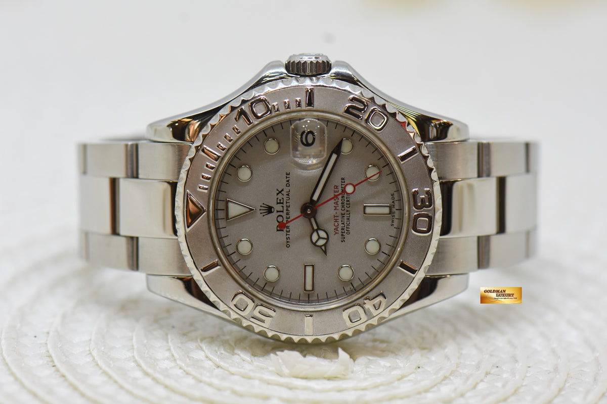 [SOLD] ROLEX OYSTER YACHT-MASTER 35mm LADIES MIDSIZE STEEL IN BRACELET PLATINUM DIAL / BEZEL 168622 (MINT)