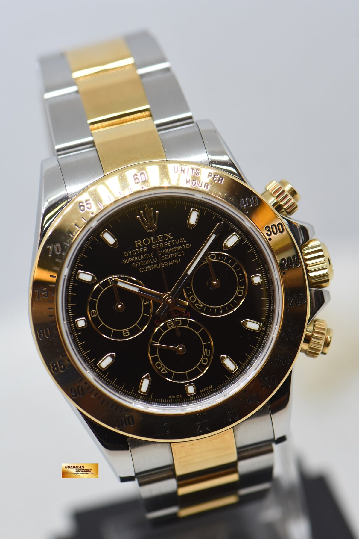 [SOLD] ROLEX OYSTER DAYTONA CHRONOGRAPH 40mm HALF-GOLD IN BRACELET BLACK DIAL 116523 (MINT)