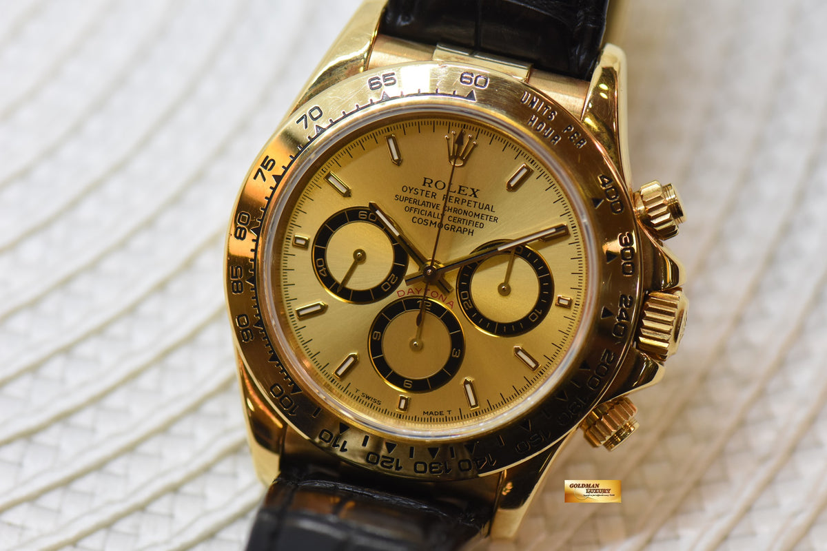 [SOLD] ROLEX OYSTER DAYTONA ZENITH CHRONOGRAPH 40mm YELLOW GOLD IN LEATHER GOLD DIAL 16518 (MINT)