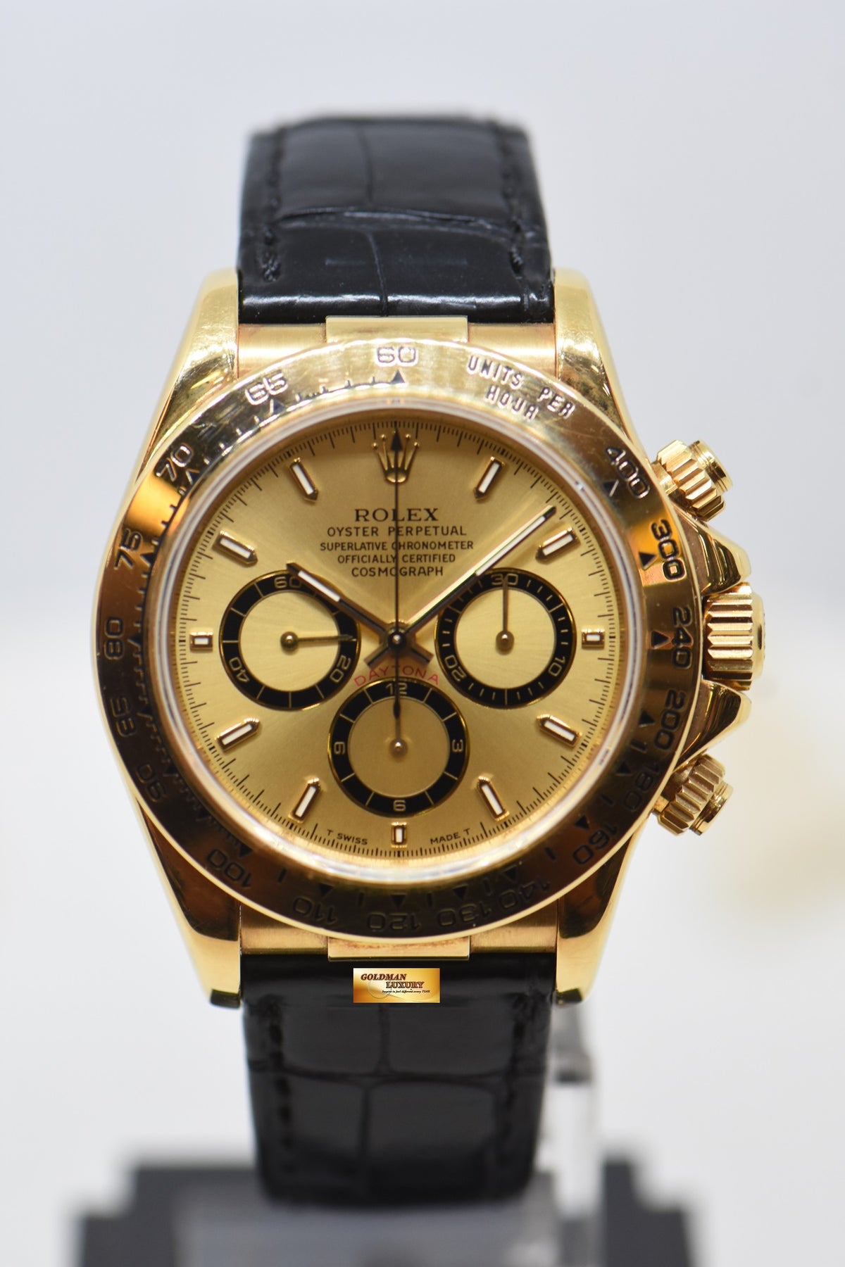 [SOLD] ROLEX OYSTER DAYTONA ZENITH CHRONOGRAPH 40mm YELLOW GOLD IN LEATHER GOLD DIAL 16518 (MINT)