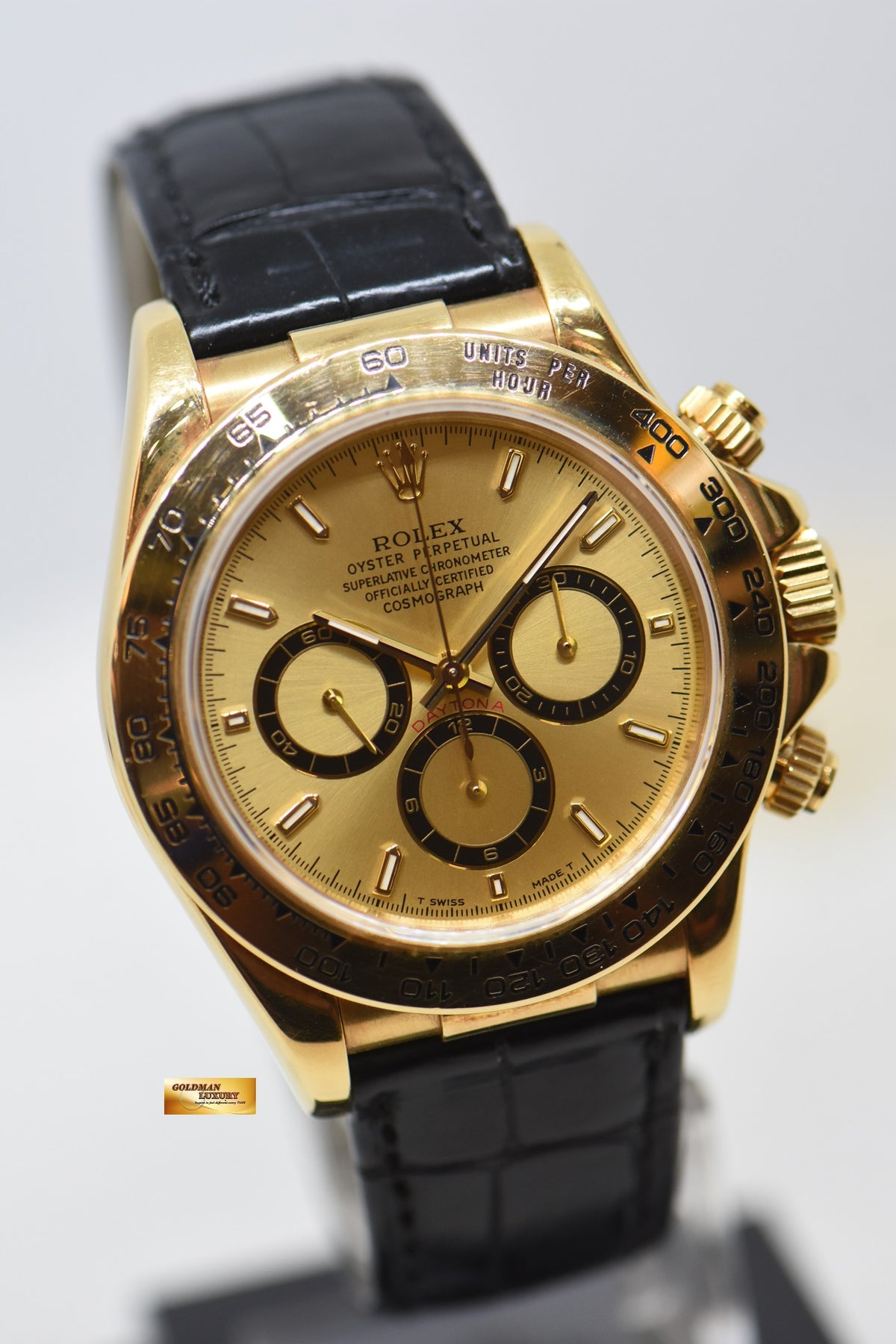 [SOLD] ROLEX OYSTER DAYTONA ZENITH CHRONOGRAPH 40mm YELLOW GOLD IN LEATHER GOLD DIAL 16518 (MINT)