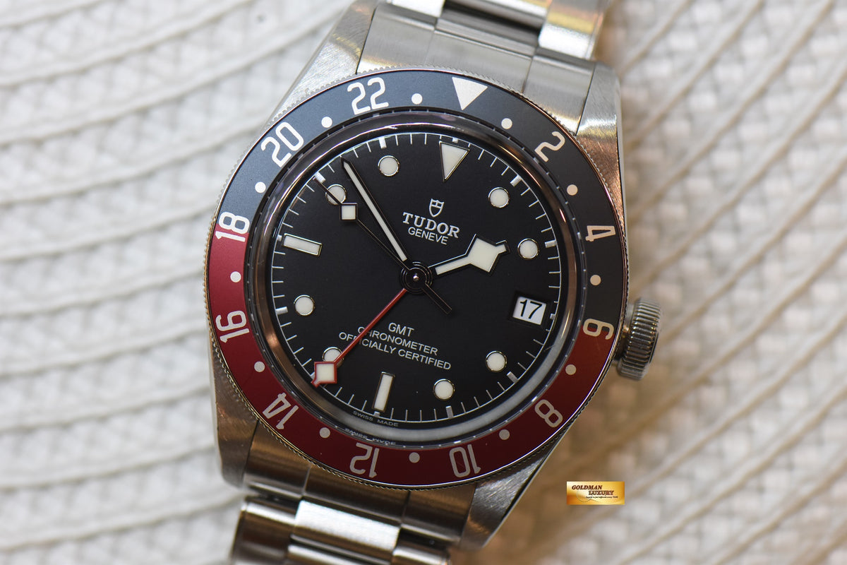 [SOLD] TUDOR BLACK BAY GMT PEPSI RED / BLUE 41mm BLACK DIAL STEEL IN RIVETED BRACELET 79830RB AUTOMATIC (MINT)