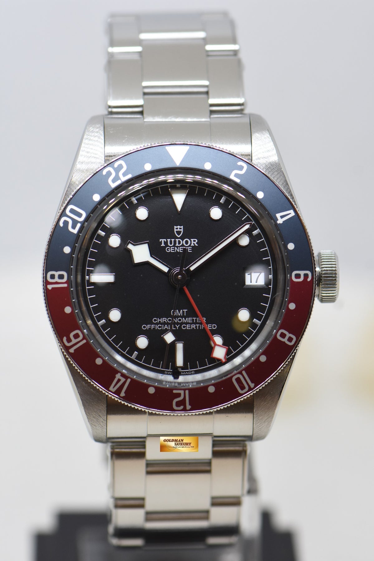 [SOLD] TUDOR BLACK BAY GMT PEPSI RED / BLUE 41mm BLACK DIAL STEEL IN RIVETED BRACELET 79830RB AUTOMATIC (MINT)