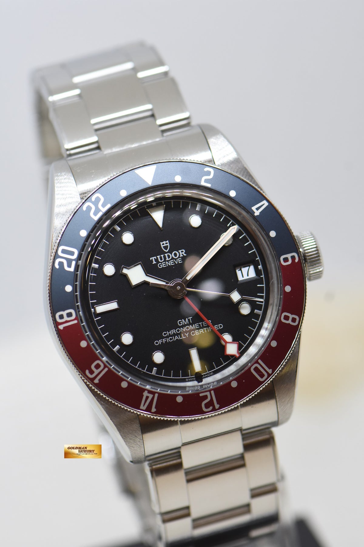 [SOLD] TUDOR BLACK BAY GMT PEPSI RED / BLUE 41mm BLACK DIAL STEEL IN RIVETED BRACELET 79830RB AUTOMATIC (MINT)