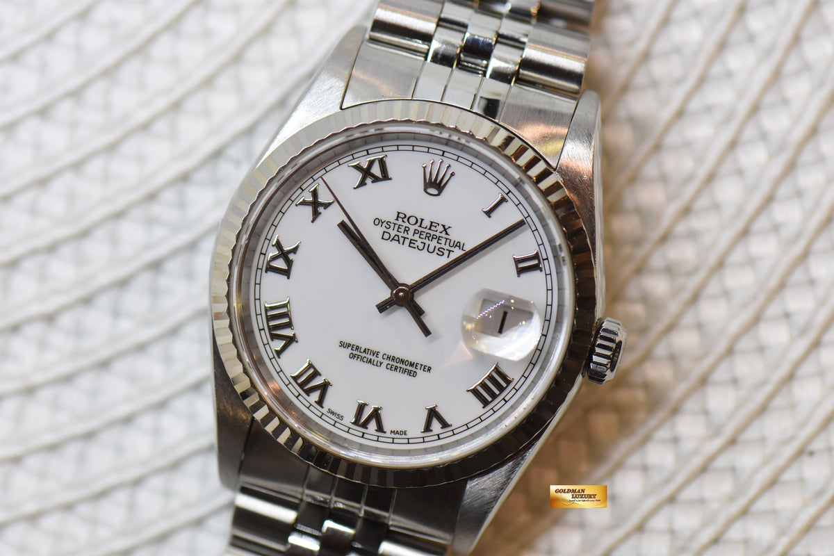[SOLD] ROLEX OYSTER DATEJUST 36mm STEEL IN JUBILEE BRACELET WHITE ROMAN DIAL 16234 (MINT)