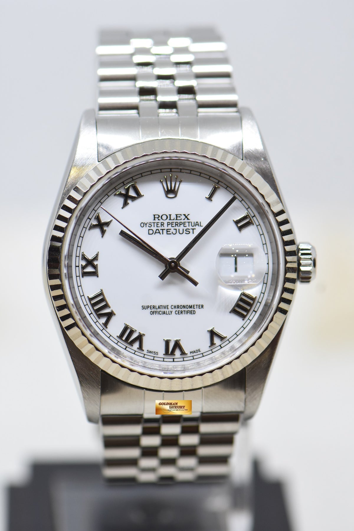 [SOLD] ROLEX OYSTER DATEJUST 36mm STEEL IN JUBILEE BRACELET WHITE ROMAN DIAL 16234 (MINT)