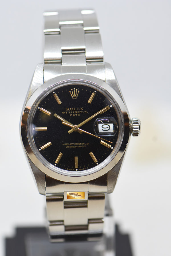ROLEX OYSTER PERPETUAL DATE 34mm STEEL IN BRACELET BLACK DIAL 1500 (VINTAGE)
