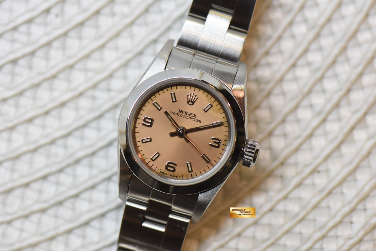 [SOLD] ROLEX OYSTER PERPETUAL 24mm LADIES STEEL ON BRACELET SALMON DIAL 67180 (MINT)