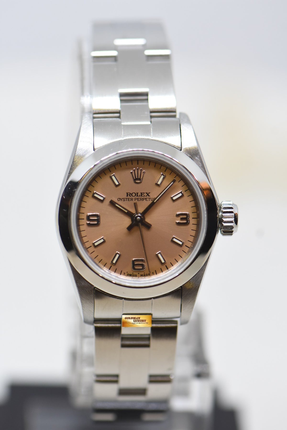 [SOLD] ROLEX OYSTER PERPETUAL 24mm LADIES STEEL ON BRACELET SALMON DIAL 67180 (MINT)