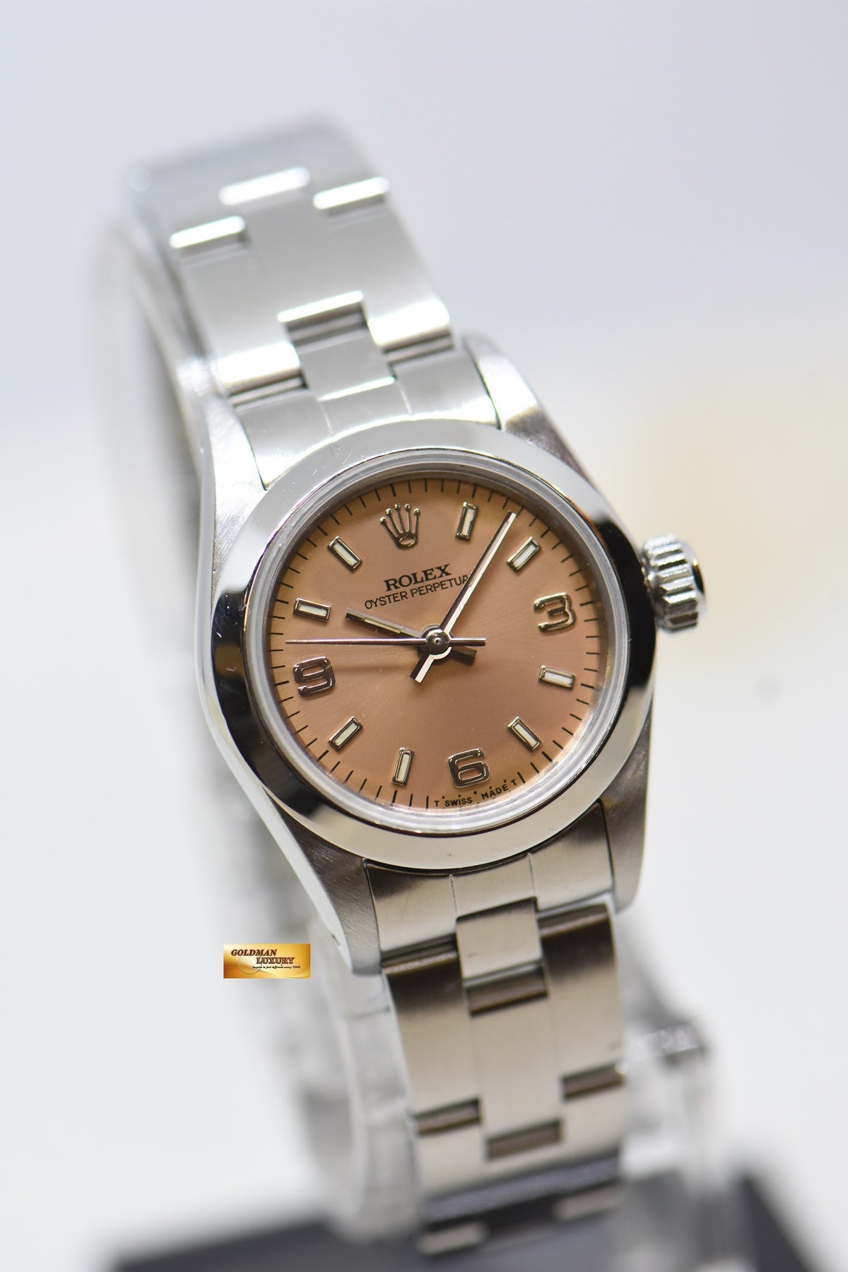 [SOLD] ROLEX OYSTER PERPETUAL 24mm LADIES STEEL ON BRACELET SALMON DIAL 67180 (MINT)