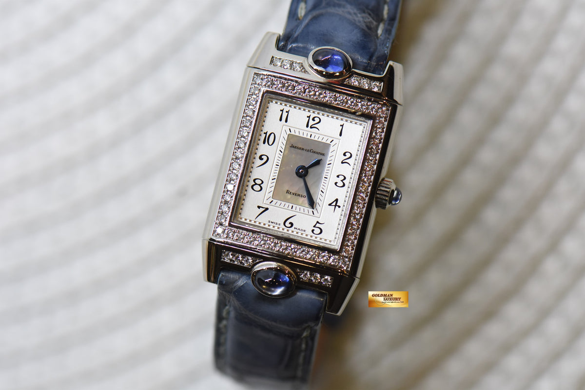 [SOLD] JLC REVERSO JOAILLERIE BLUE CABOCHONS LADIES 18K WHITE GOLD DIAMONDS MANUAL WINDING Q2623402 (MINT)