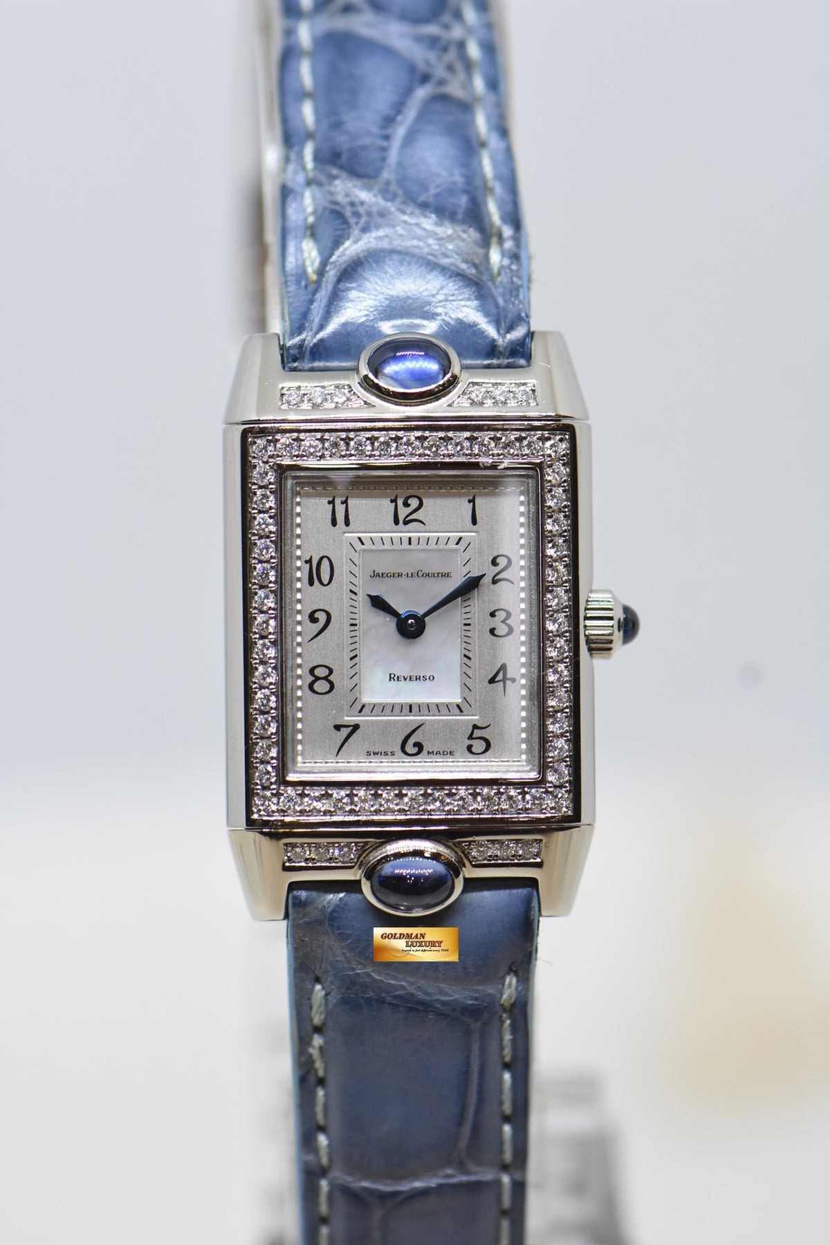 [SOLD] JLC REVERSO JOAILLERIE BLUE CABOCHONS LADIES 18K WHITE GOLD DIAMONDS MANUAL WINDING Q2623402 (MINT)