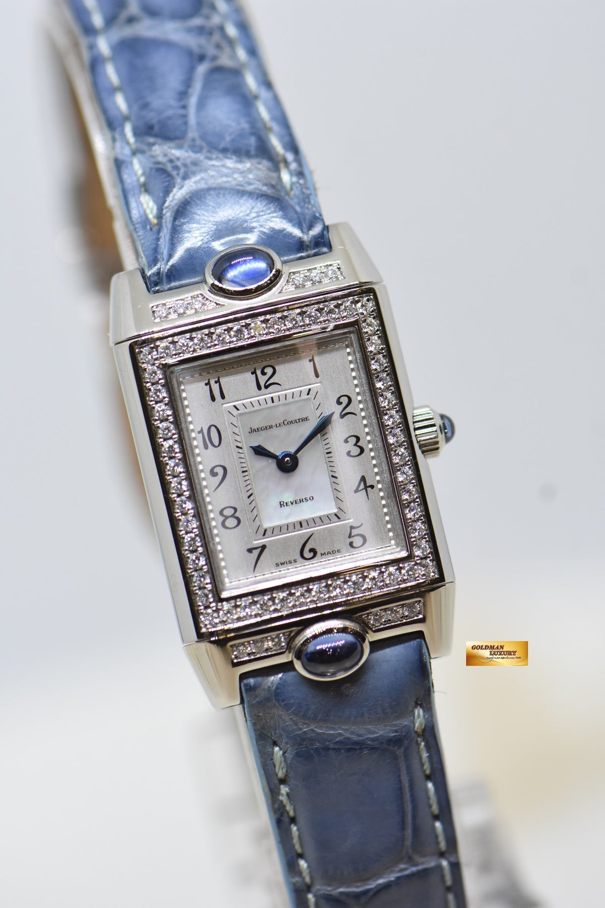 [SOLD] JLC REVERSO JOAILLERIE BLUE CABOCHONS LADIES 18K WHITE GOLD DIAMONDS MANUAL WINDING Q2623402 (MINT)
