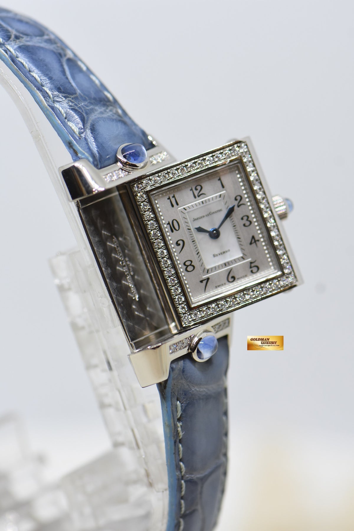 [SOLD] JLC REVERSO JOAILLERIE BLUE CABOCHONS LADIES 18K WHITE GOLD DIAMONDS MANUAL WINDING Q2623402 (MINT)