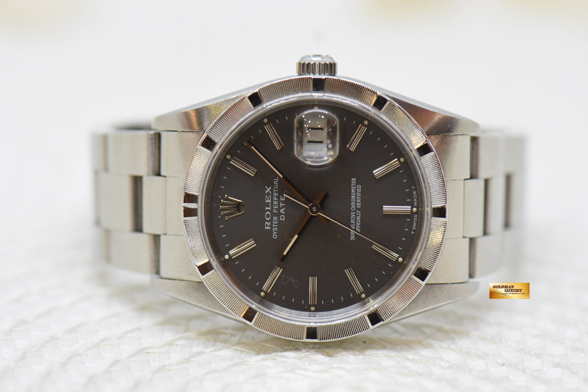 [SOLD] ROLEX OYSTER PERPETUAL DATE 34mm STEEL IN BRACELET GREY DIAL “STEEL ENGINE-TURNED” BEZEL 15210 (MINT)