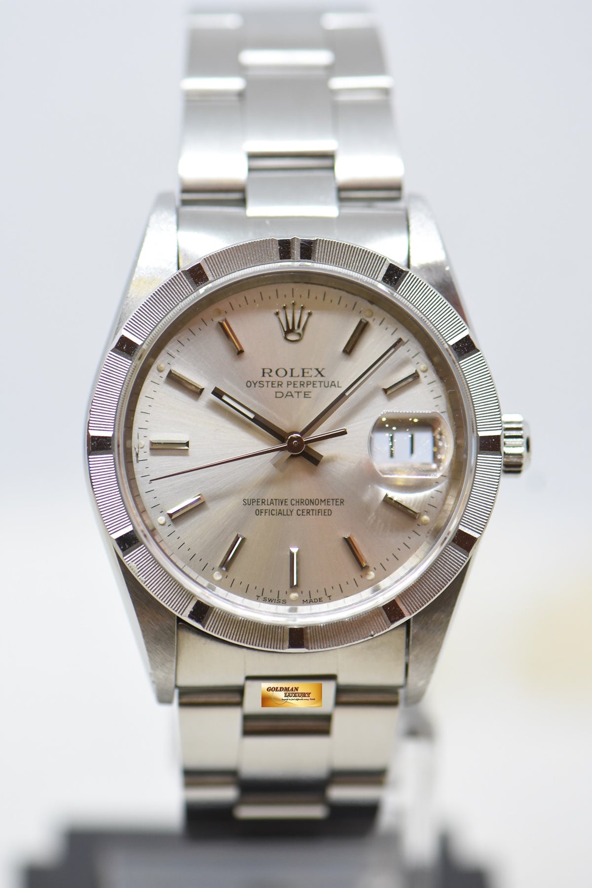 [SOLD] ROLEX OYSTER PERPETUAL DATE 34mm STEEL IN BRACELET ENGINE-TURN BEZEL SILVER DIAL 15210 (QUICKSET-DATE) (MINT)