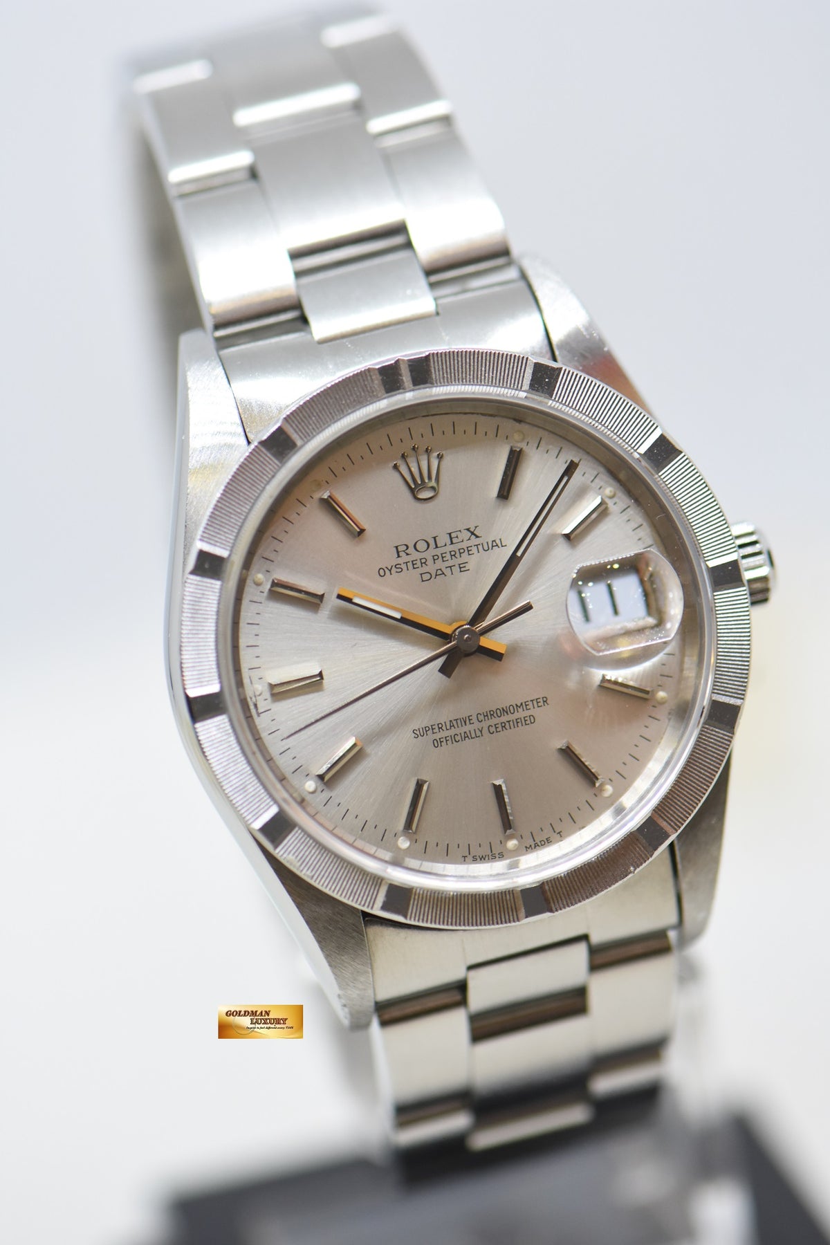 [SOLD] ROLEX OYSTER PERPETUAL DATE 34mm STEEL IN BRACELET ENGINE-TURN BEZEL SILVER DIAL 15210 (QUICKSET-DATE) (MINT)