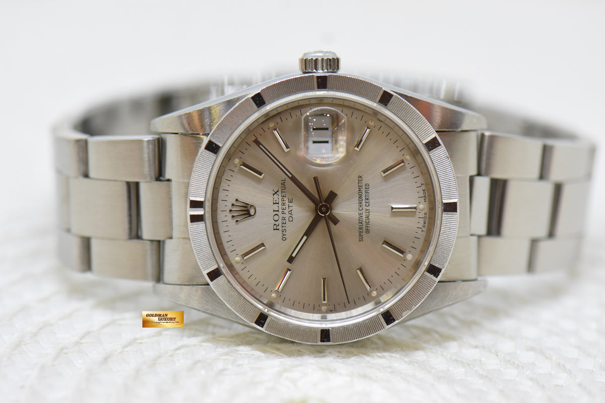 [SOLD] ROLEX OYSTER PERPETUAL DATE 34mm STEEL IN BRACELET ENGINE-TURN BEZEL SILVER DIAL 15210 (QUICKSET-DATE) (MINT)