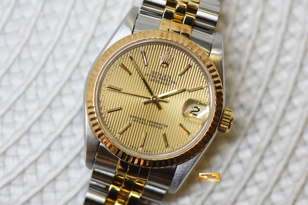 [SOLD] ROLEX OYSTER DATEJUST 31mm HALF-GOLD IN JUBILEE BRACELET GOLD TAPESTRY DIAL 68273 (MINT)
