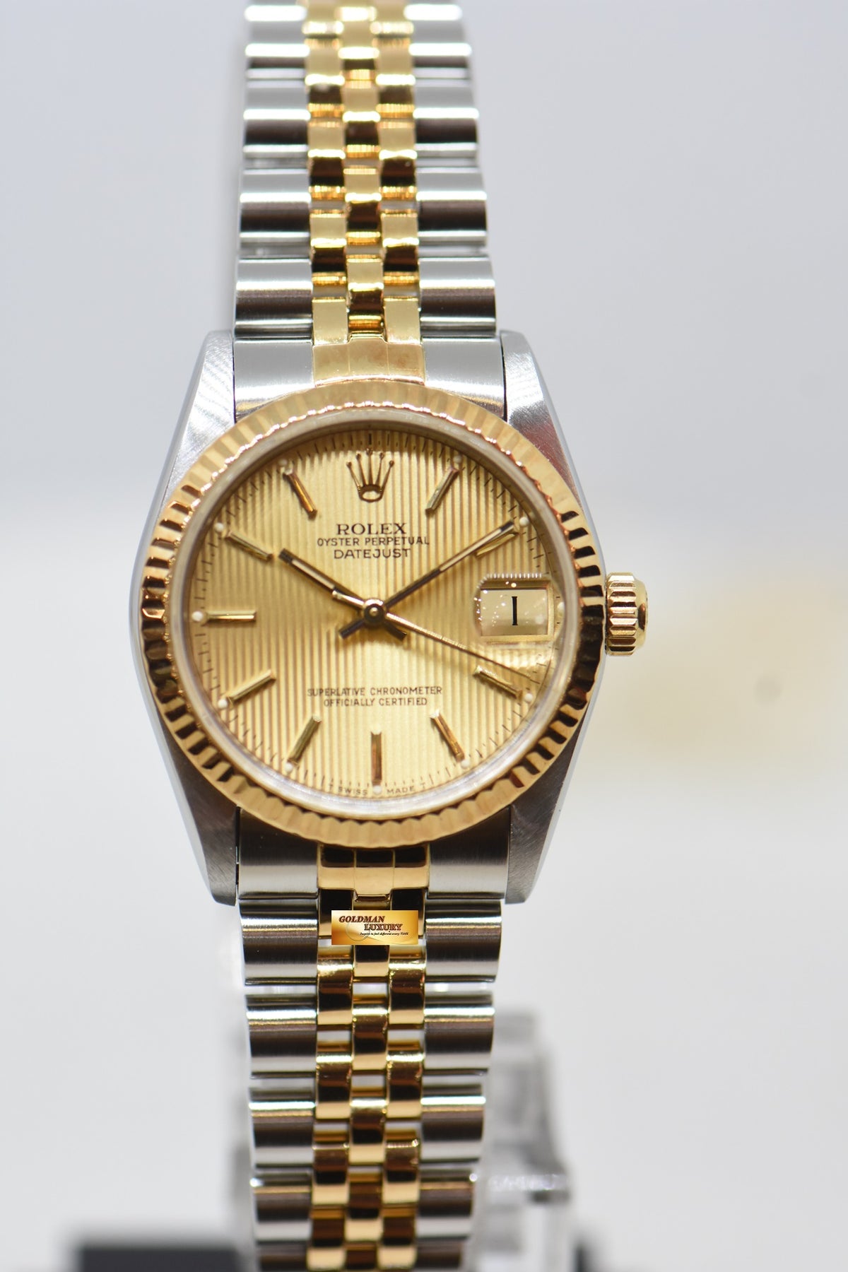 [SOLD] ROLEX OYSTER DATEJUST 31mm HALF-GOLD IN JUBILEE BRACELET GOLD TAPESTRY DIAL 68273 (MINT)