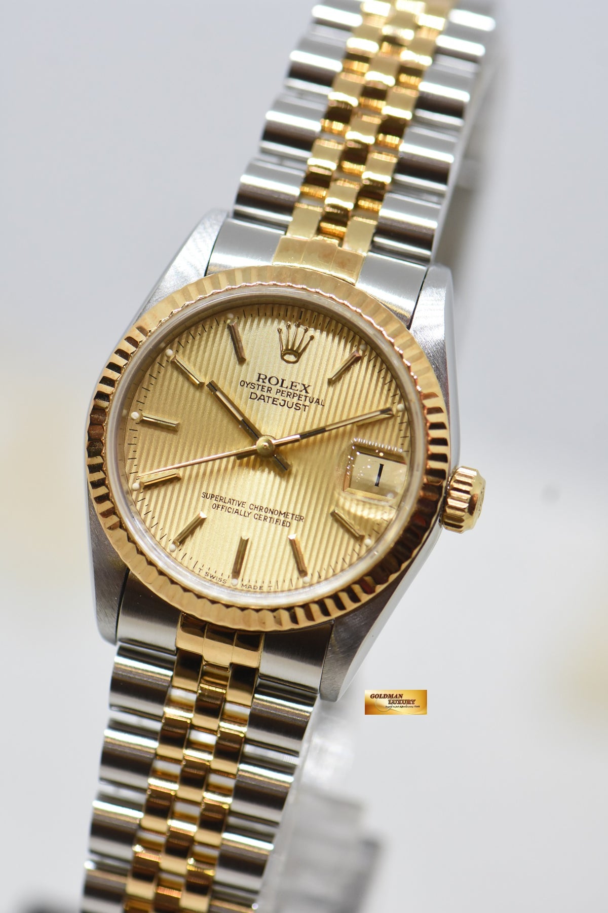 [SOLD] ROLEX OYSTER DATEJUST 31mm HALF-GOLD IN JUBILEE BRACELET GOLD TAPESTRY DIAL 68273 (MINT)