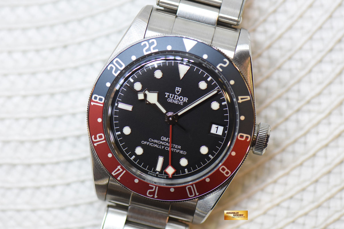 [SOLD] TUDOR BLACK BAY GMT PEPSI RED / BLUE 41mm BLACK DIAL STEEL IN RIVETED BRACELET 79830RB AUTOMATIC (MINT)