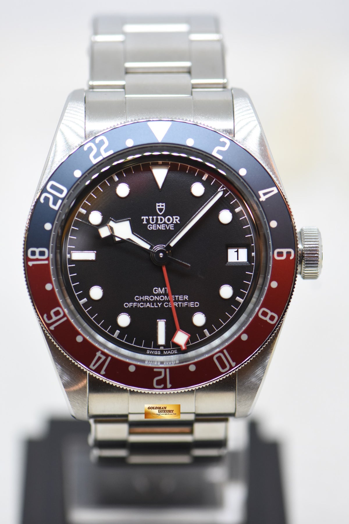 [SOLD] TUDOR BLACK BAY GMT PEPSI RED / BLUE 41mm BLACK DIAL STEEL IN RIVETED BRACELET 79830RB AUTOMATIC (MINT)