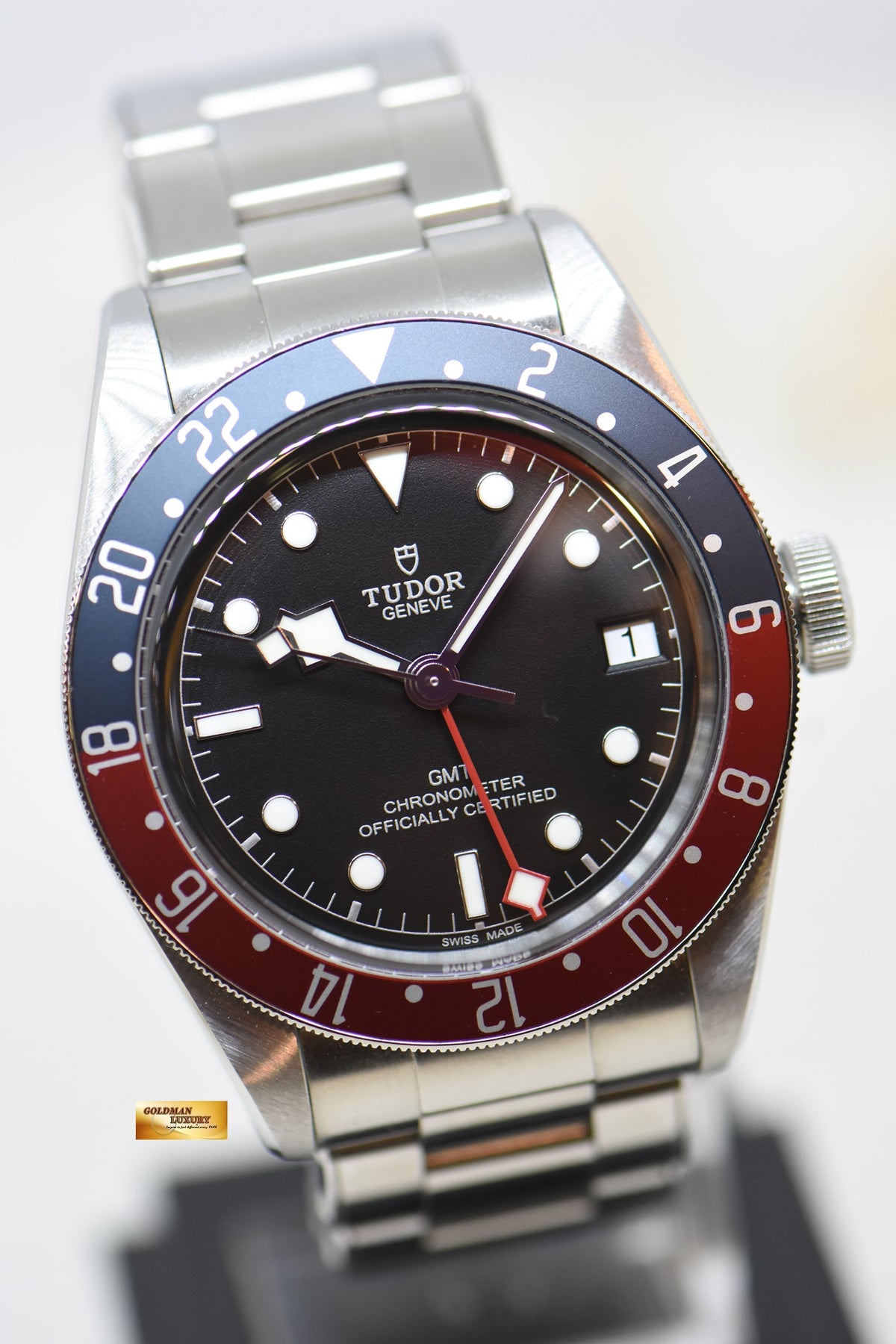 [SOLD] TUDOR BLACK BAY GMT PEPSI RED / BLUE 41mm BLACK DIAL STEEL IN RIVETED BRACELET 79830RB AUTOMATIC (MINT)