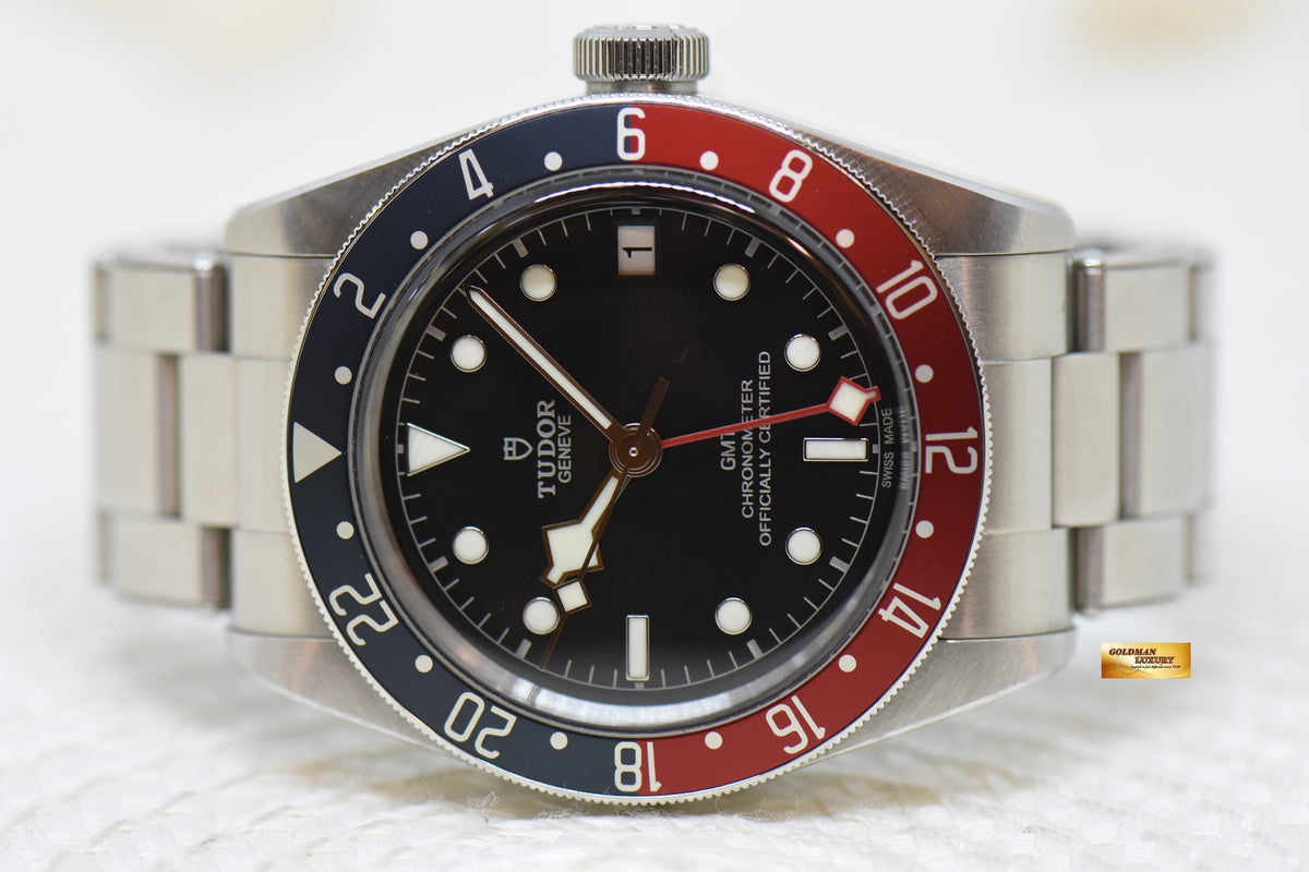 [SOLD] TUDOR BLACK BAY GMT PEPSI RED / BLUE 41mm BLACK DIAL STEEL IN RIVETED BRACELET 79830RB AUTOMATIC (MINT)