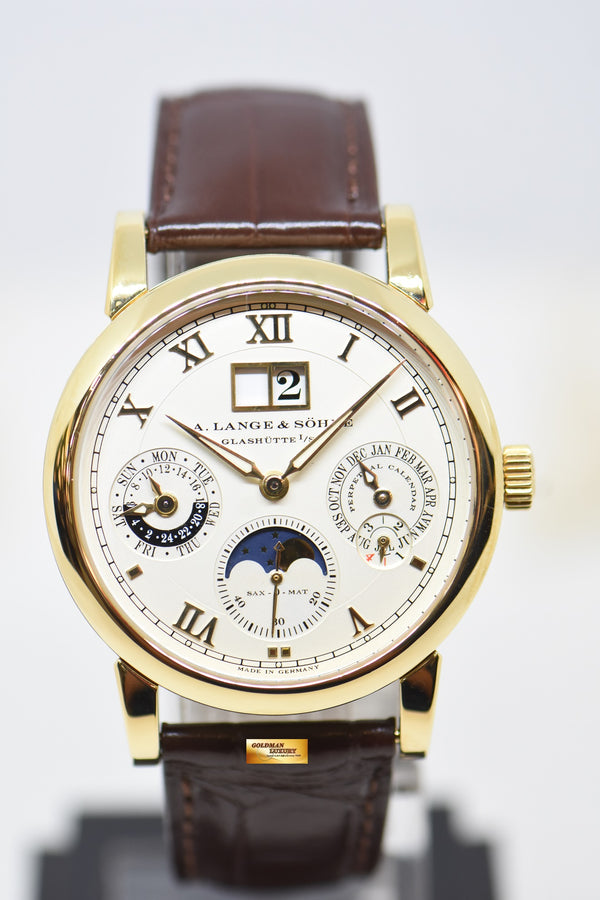 A.LANGE & SOHNE SAX-O-MAT LANGEMATIK 38.5mm YELLOW GOLD PERPETUAL CALENDAR MOONPHASE OUTSIZED DATE AUTOMATIC 310.021 (MINT)