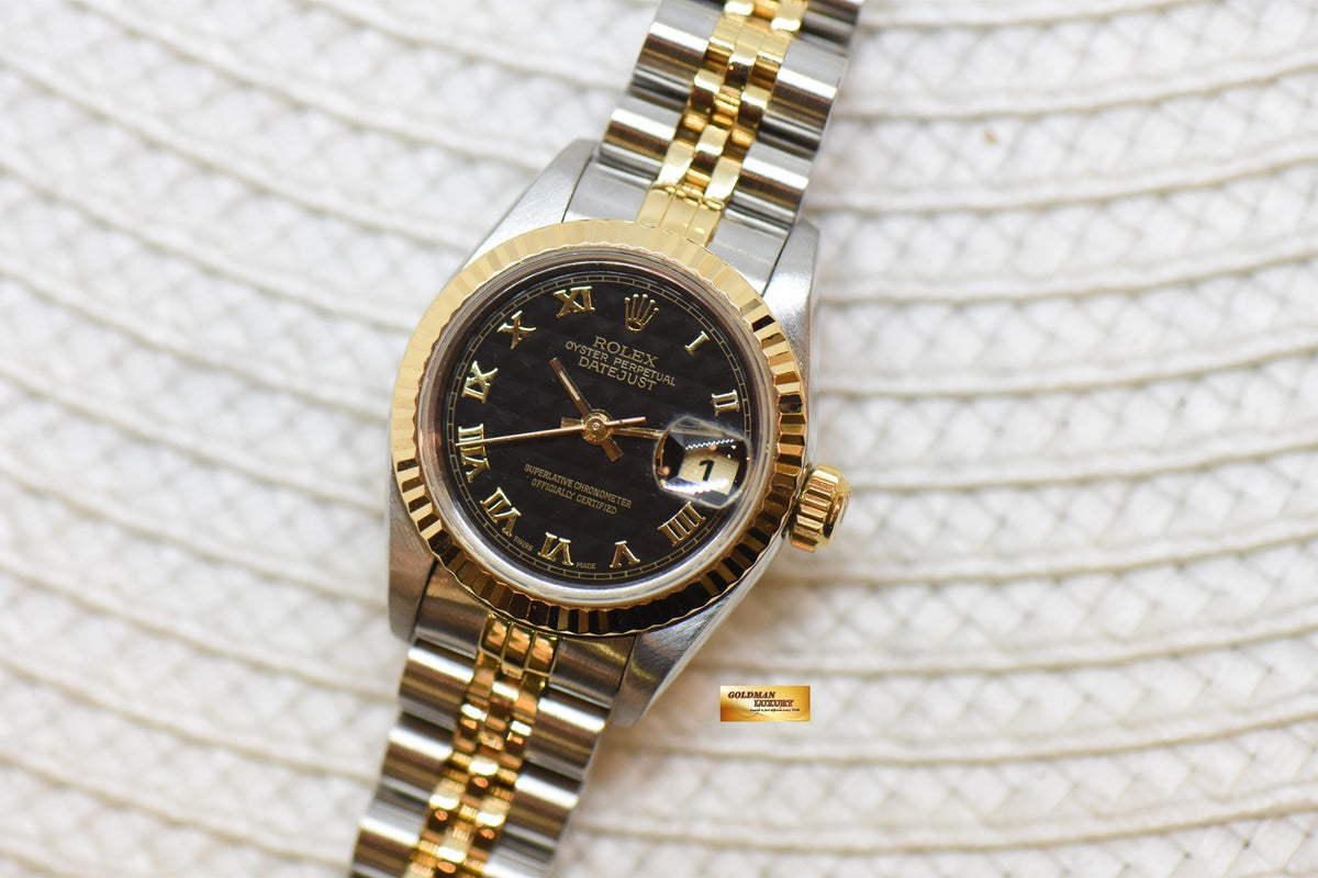 [SOLD] ROLEX OYSTER DATEJUST 26mm HALF-GOLD IN JUBILEE BRACELET BLACK PRISM ROMAN DIAL 69173 (MINT)
