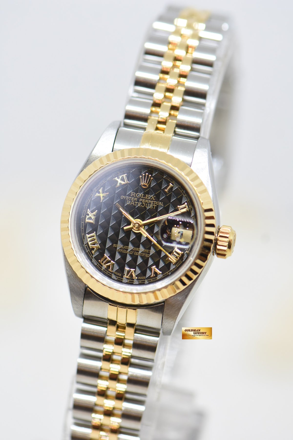 [SOLD] ROLEX OYSTER DATEJUST 26mm HALF-GOLD IN JUBILEE BRACELET BLACK PRISM ROMAN DIAL 69173 (MINT)