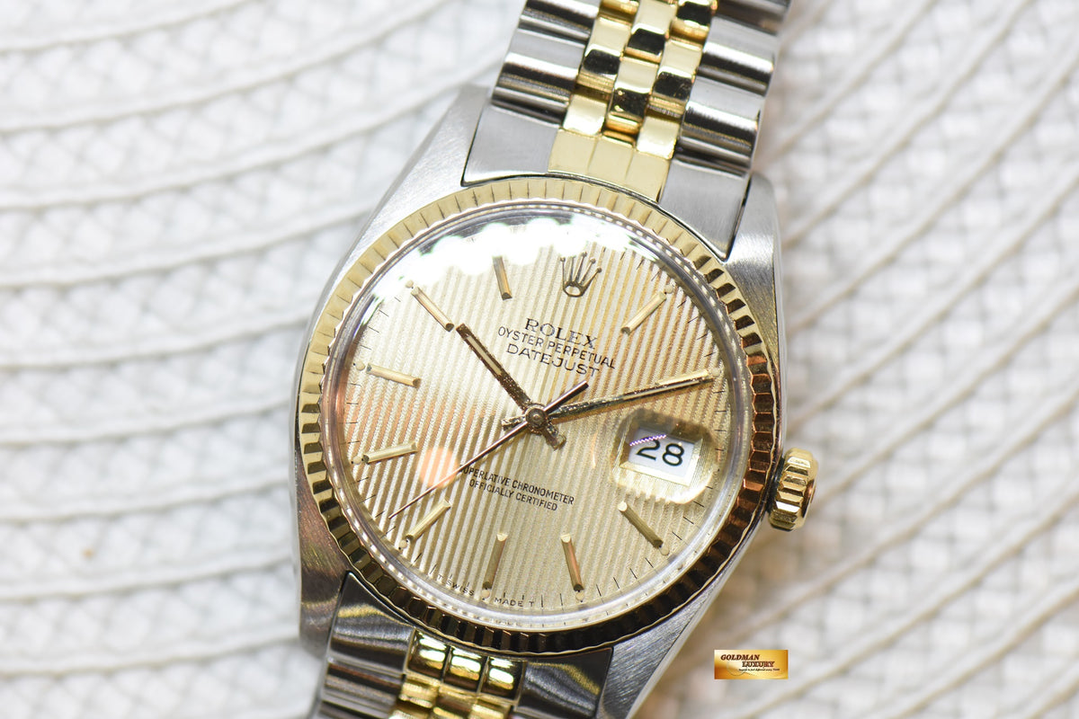 [SOLD] ROLEX OYSTER DATEJUST 36mm HALF-GOLD IN JUBILEE BRACELET TAPESTRY GOLD DIAL 16013 (QUICKSET-DATE) (VINTAGE)