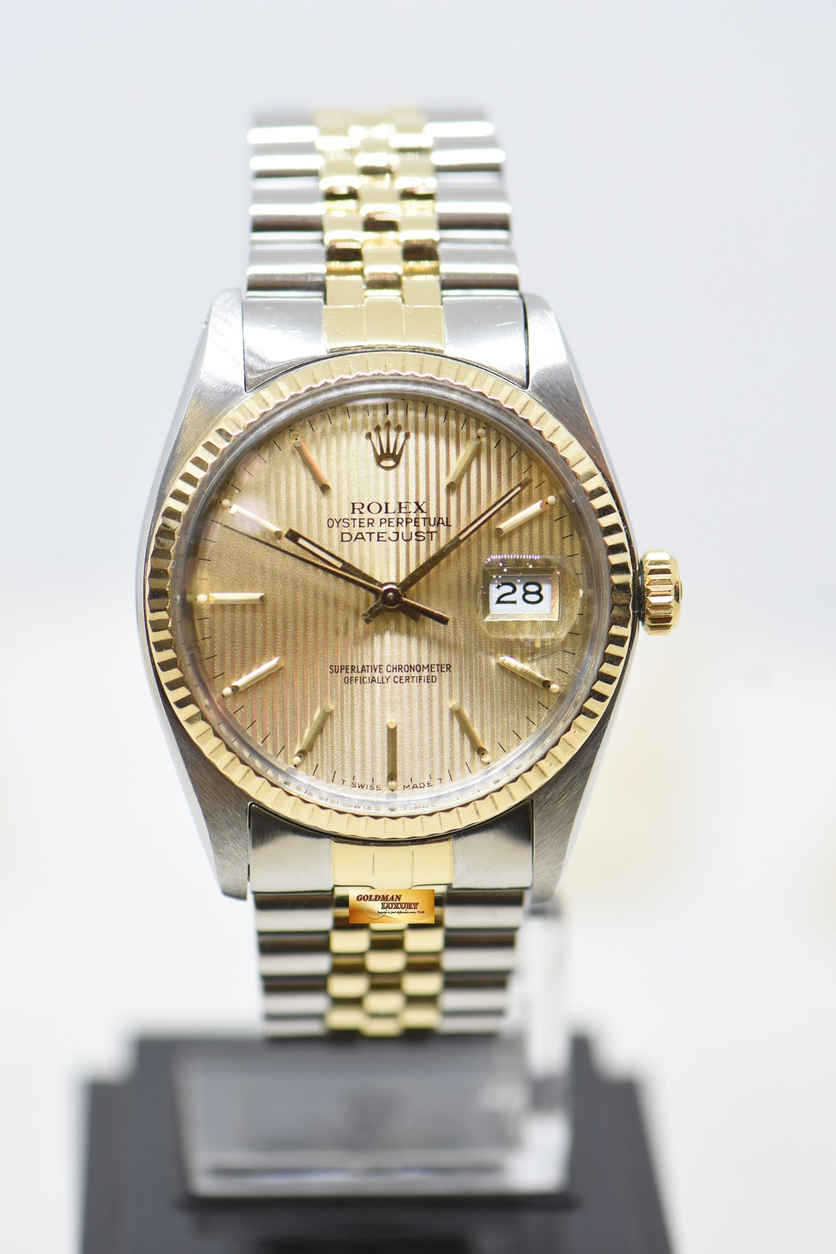 [SOLD] ROLEX OYSTER DATEJUST 36mm HALF-GOLD IN JUBILEE BRACELET TAPESTRY GOLD DIAL 16013 (QUICKSET-DATE) (VINTAGE)