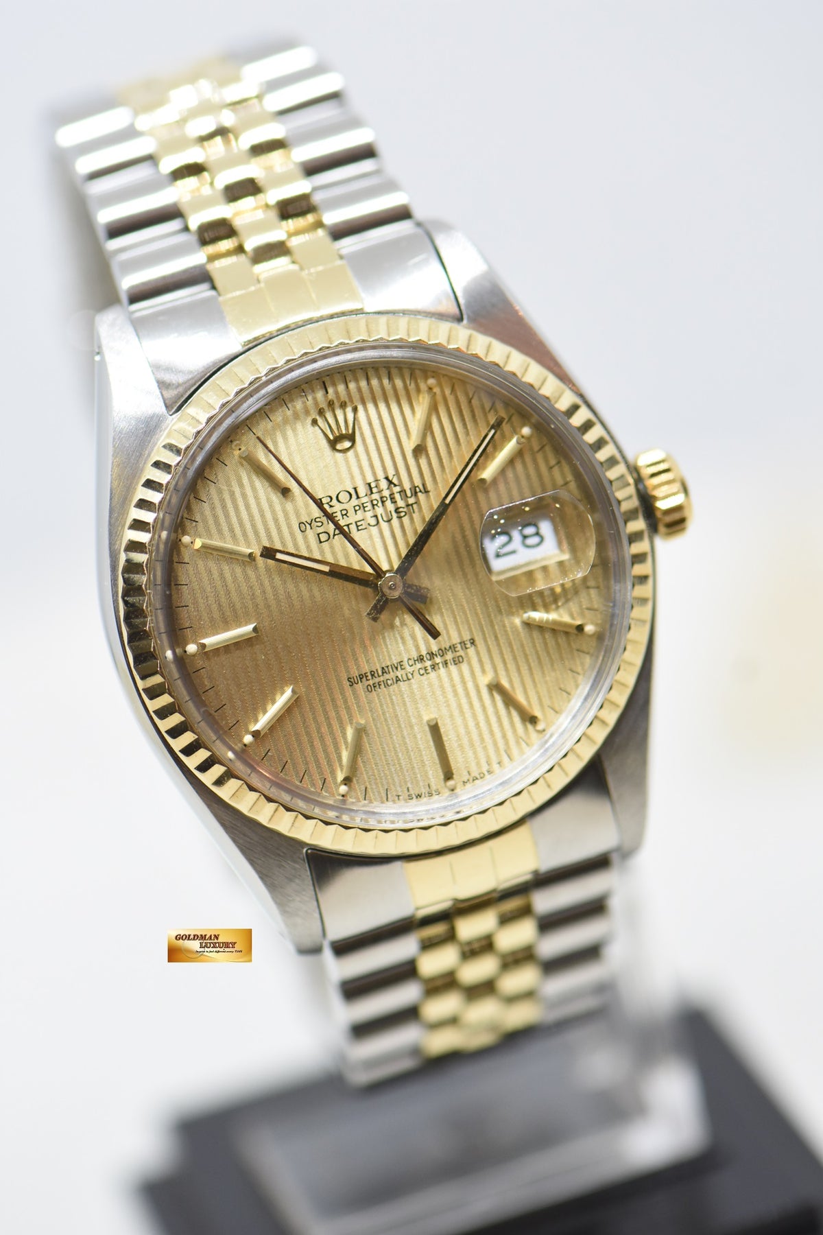 [SOLD] ROLEX OYSTER DATEJUST 36mm HALF-GOLD IN JUBILEE BRACELET TAPESTRY GOLD DIAL 16013 (QUICKSET-DATE) (VINTAGE)