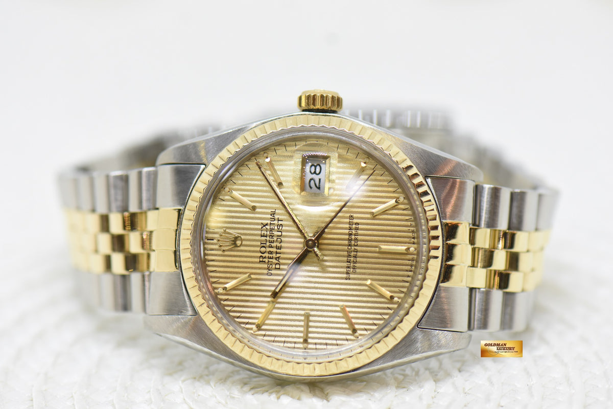 [SOLD] ROLEX OYSTER DATEJUST 36mm HALF-GOLD IN JUBILEE BRACELET TAPESTRY GOLD DIAL 16013 (QUICKSET-DATE) (VINTAGE)