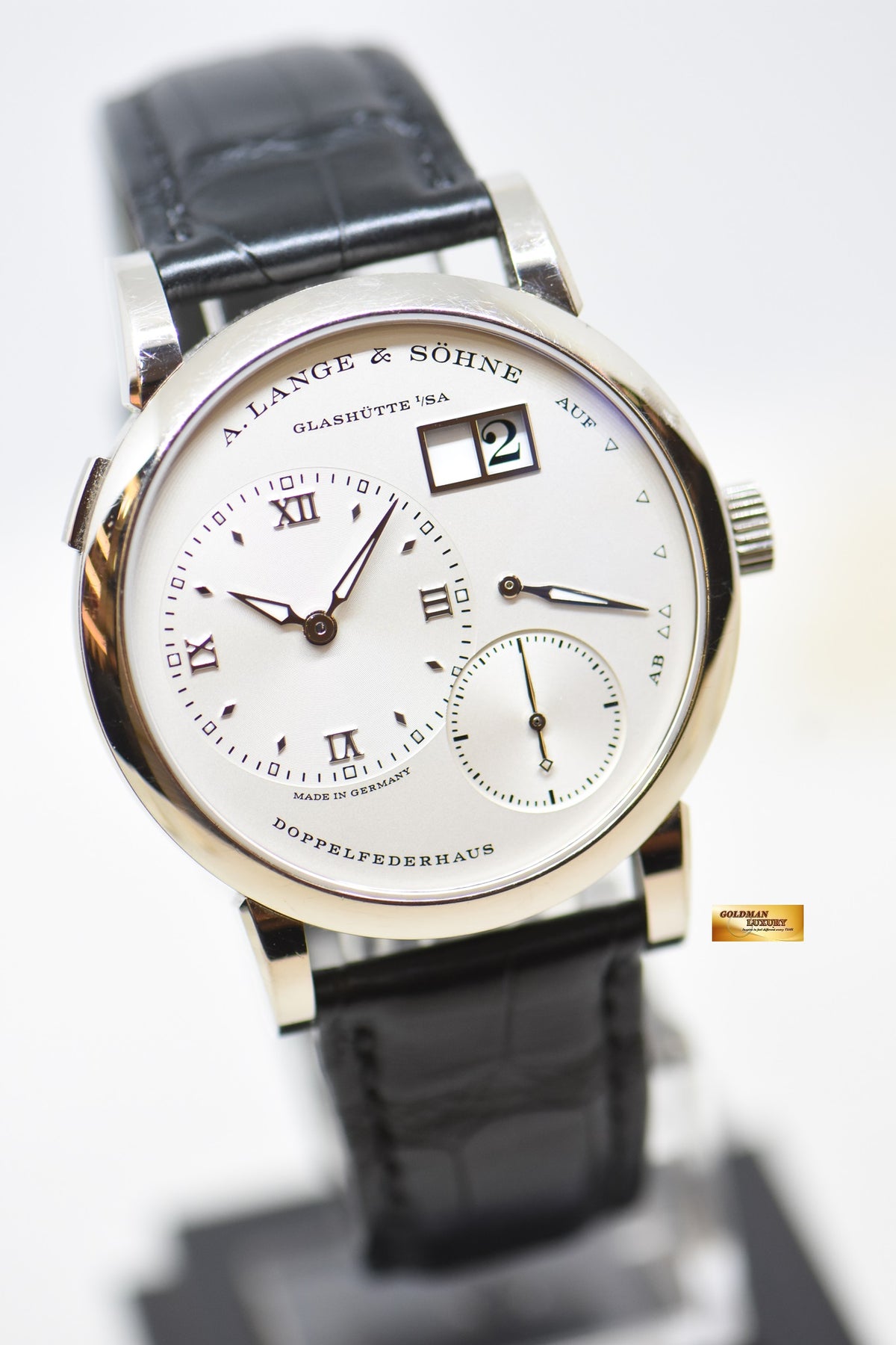 [SOLD] A.LANGE & SOHNE LANGE 1 38.5mm BIG DATE POWER RESERVE WHITE GOLD IN LEATHER STRAP MANUAL 191.039 (MINT)