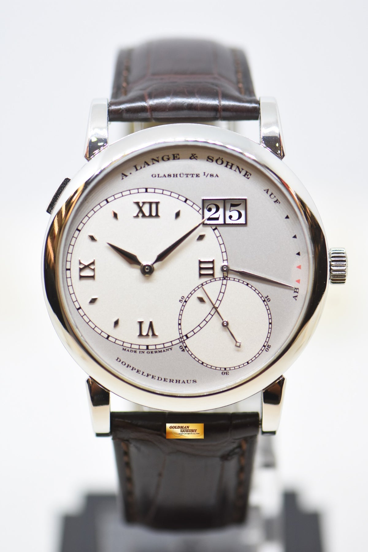 [SOLD] A.LANGE & SOHNE GRAND LANGE 1 SILVER DIAL BIG DATE POWER RESERVE PLATINUM IN LEATHER STRAP MANUAL WINDING 115.025 (MINT)