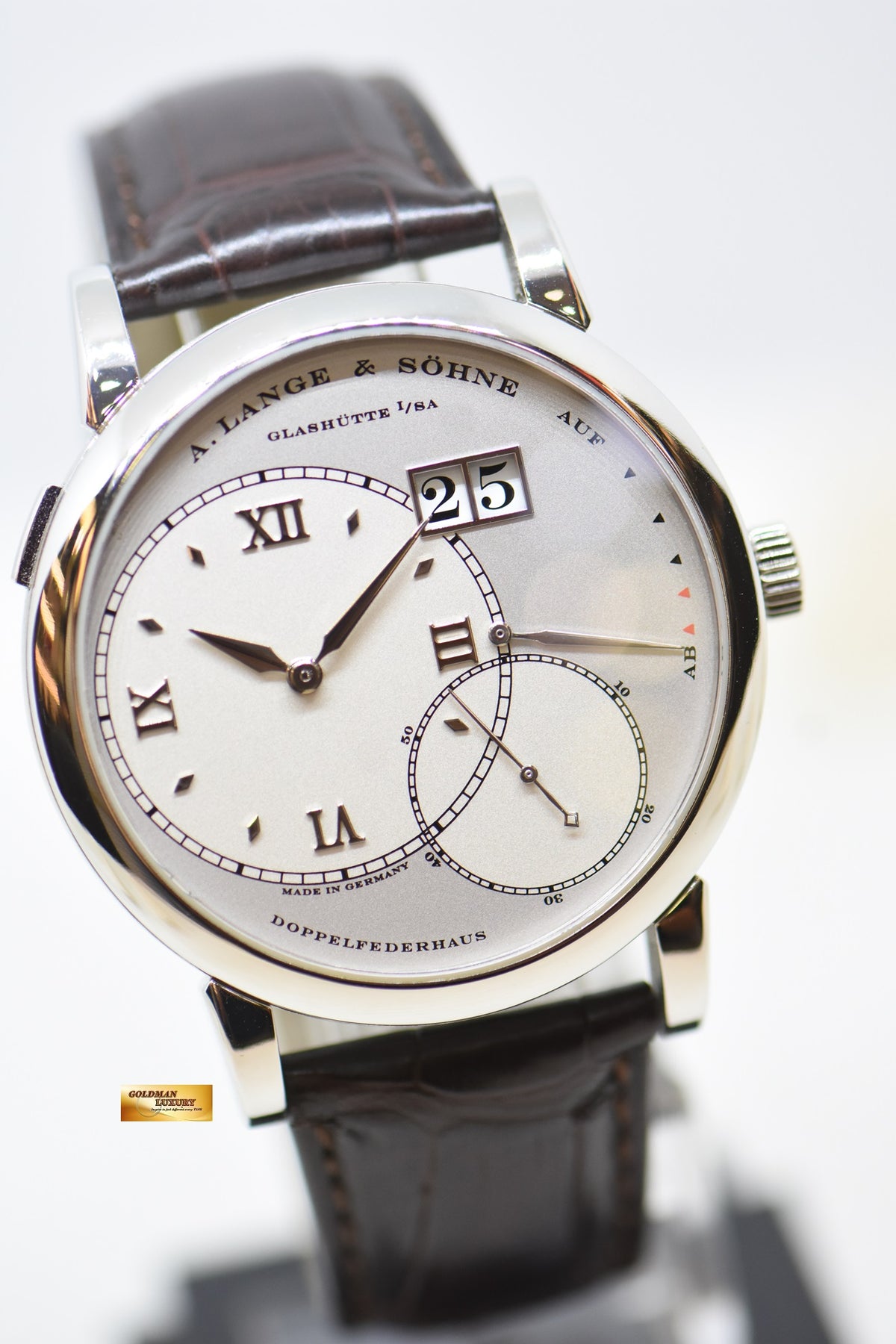 [SOLD] A.LANGE & SOHNE GRAND LANGE 1 SILVER DIAL BIG DATE POWER RESERVE PLATINUM IN LEATHER STRAP MANUAL WINDING 115.025 (MINT)