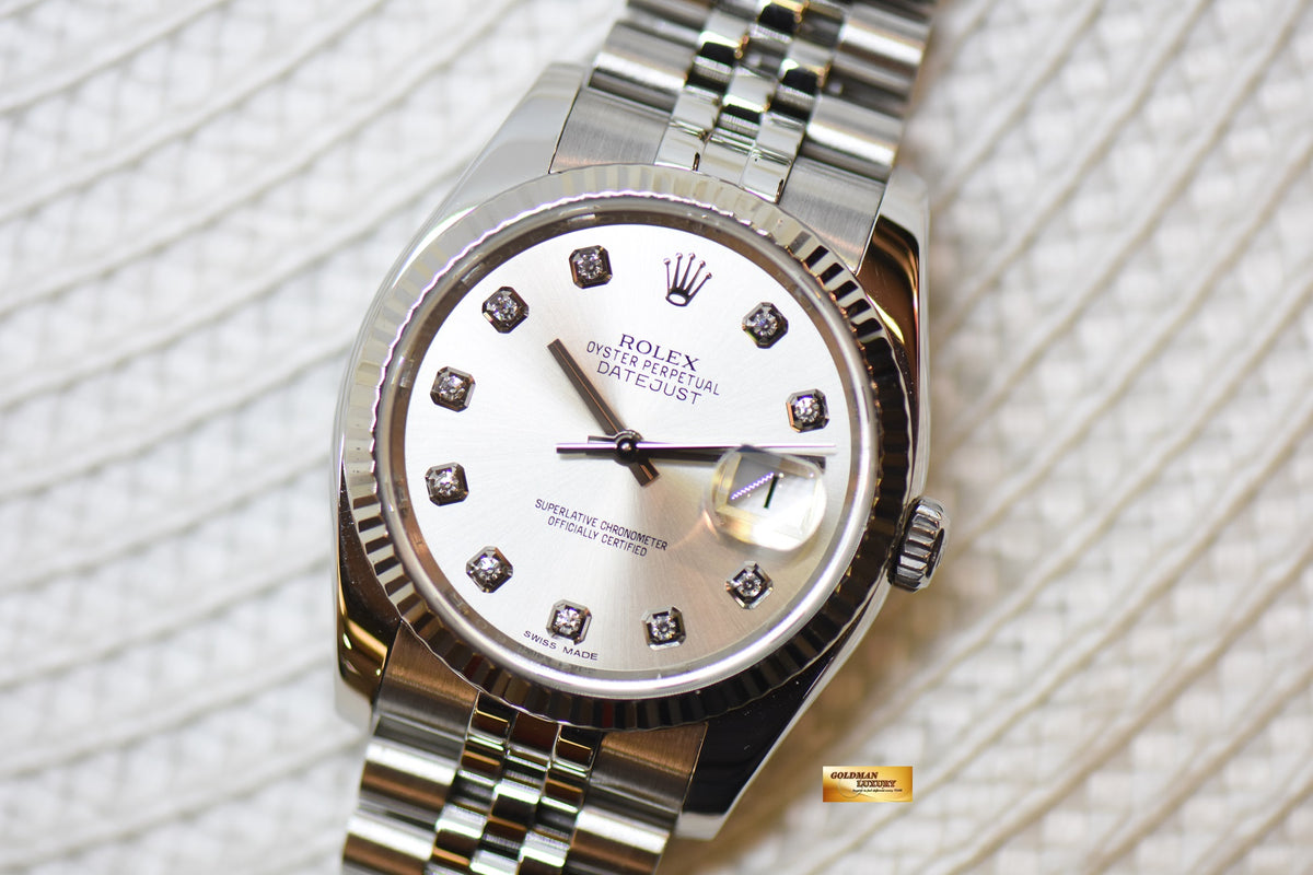 [SOLD] ROLEX OYSTER DATEJUST 36mm STEEL IN JUBILEE BRACELET SILVER DIAMOND DIAL 116234 (MINT)