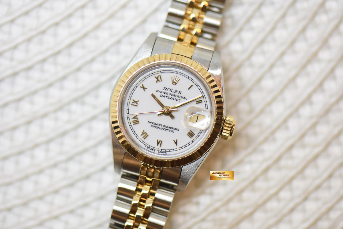 [SOLD] ROLEX OYSTER DATEJUST 26mm HALF-GOLD IN JUBILEE BRACELET WHITE ROMAN DIAL 69173 (MINT)