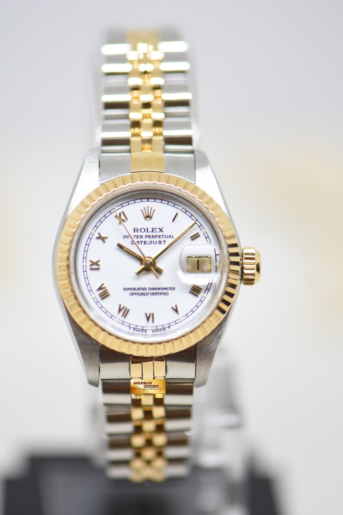 [SOLD] ROLEX OYSTER DATEJUST 26mm HALF-GOLD IN JUBILEE BRACELET WHITE ROMAN DIAL 69173 (MINT)