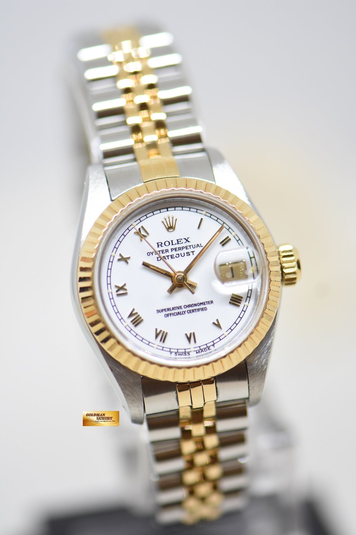 [SOLD] ROLEX OYSTER DATEJUST 26mm HALF-GOLD IN JUBILEE BRACELET WHITE ROMAN DIAL 69173 (MINT)