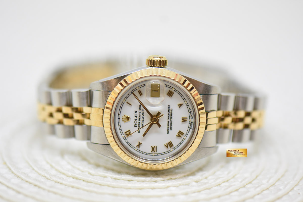 [SOLD] ROLEX OYSTER DATEJUST 26mm HALF-GOLD IN JUBILEE BRACELET WHITE ROMAN DIAL 69173 (MINT)