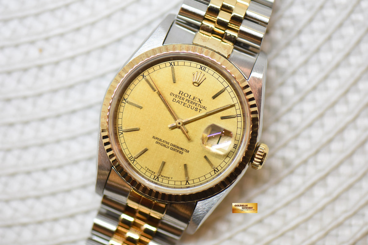 [SOLD] ROLEX OYSTER DATEJUST 36mm HALF-GOLD IN JUBILEE BRACELET GOLD LINEN DIAL 16233 (MINT)