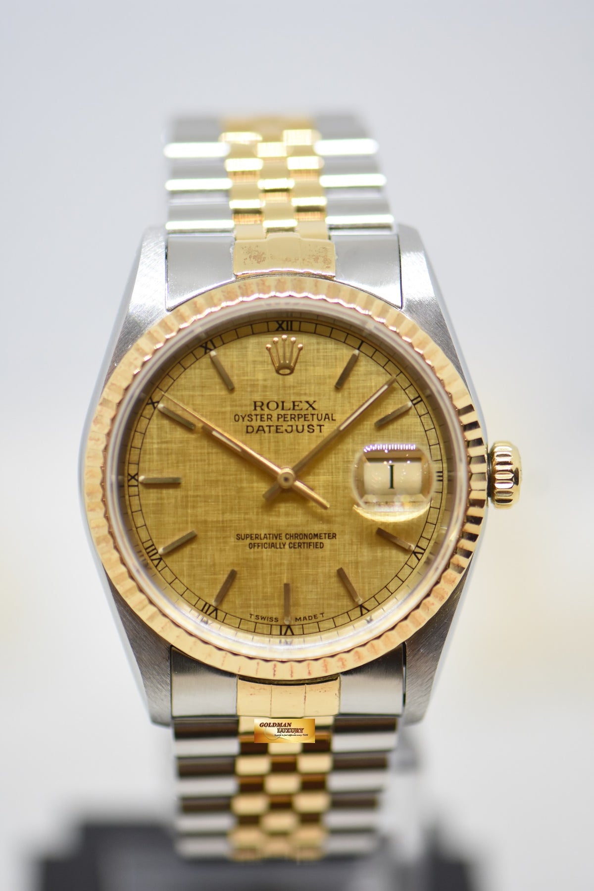 [SOLD] ROLEX OYSTER DATEJUST 36mm HALF-GOLD IN JUBILEE BRACELET GOLD LINEN DIAL 16233 (MINT)