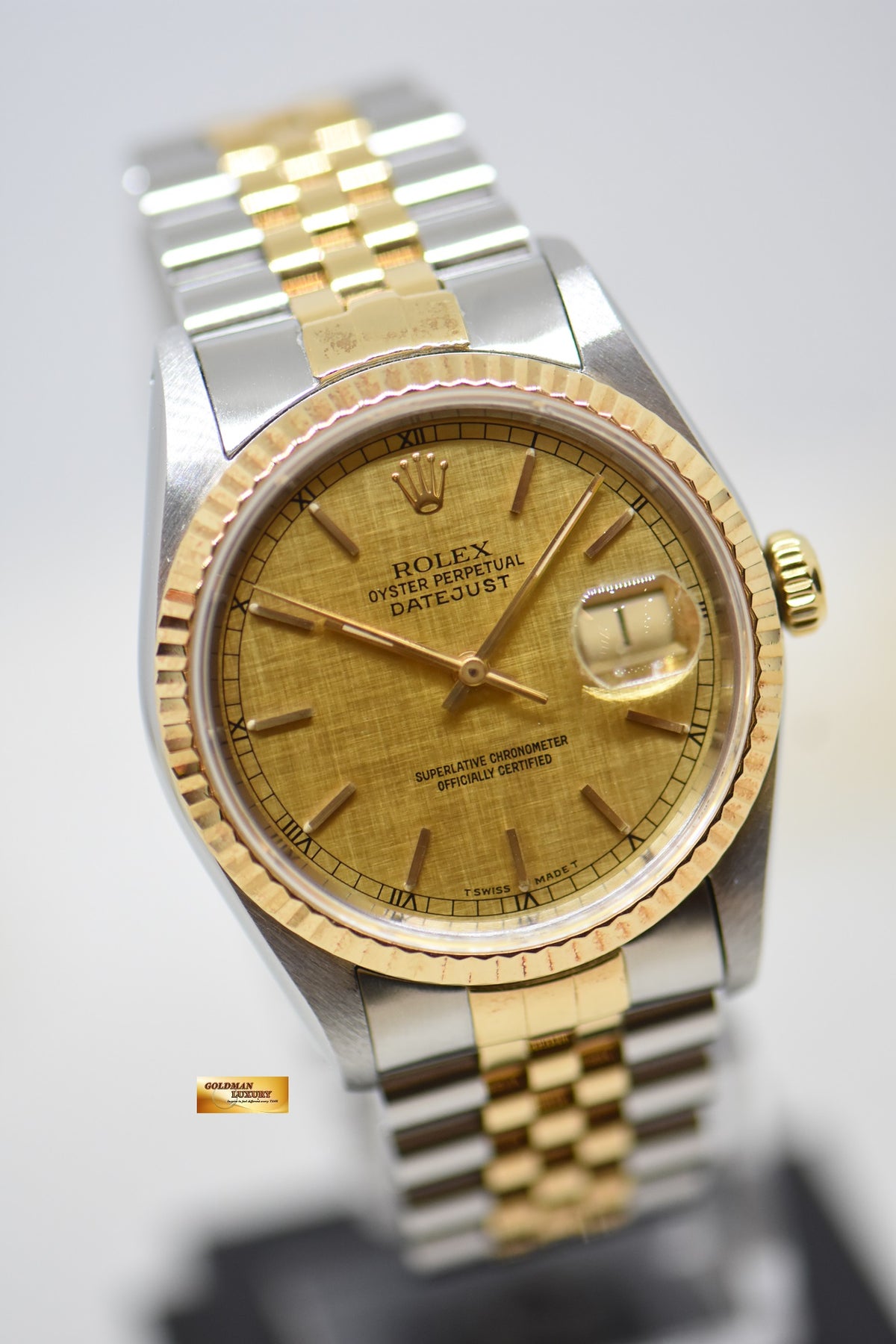 [SOLD] ROLEX OYSTER DATEJUST 36mm HALF-GOLD IN JUBILEE BRACELET GOLD LINEN DIAL 16233 (MINT)
